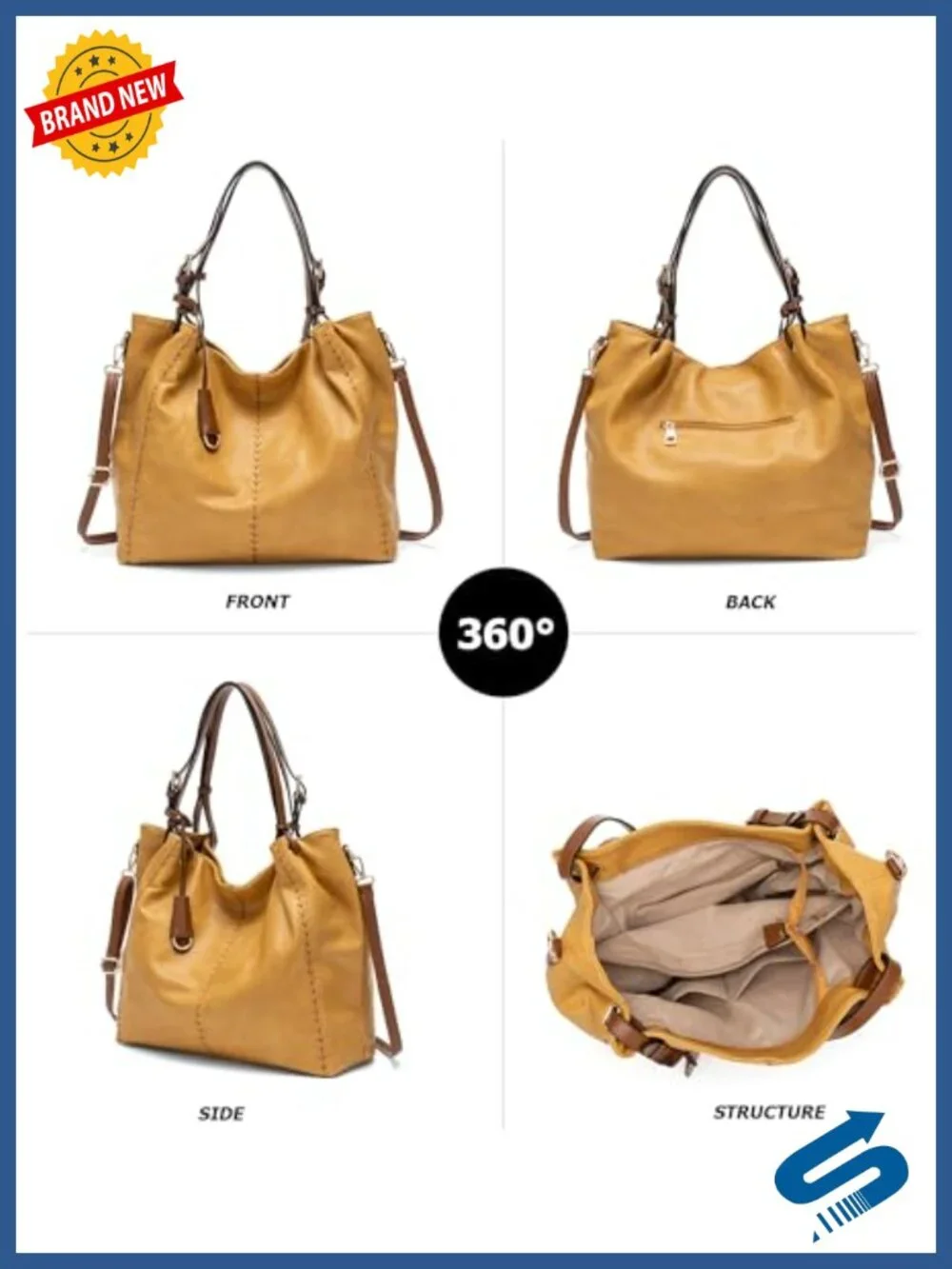 Vintage PU Leather Hobo Shoulder Bag Bucket Tote with Rivet Detail